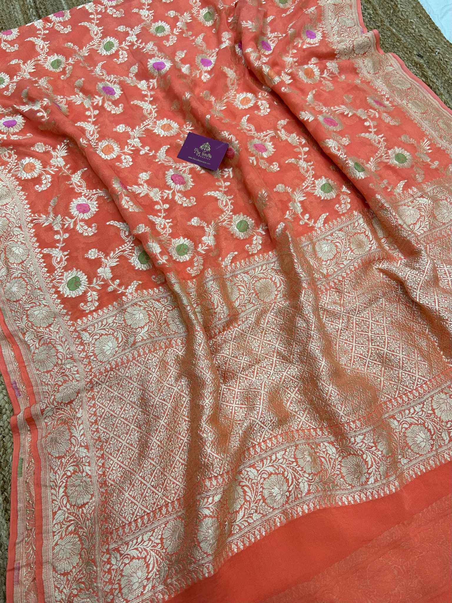 Khaddi Georgette Handloom Banarasi Saree - Jaal with Meenakari