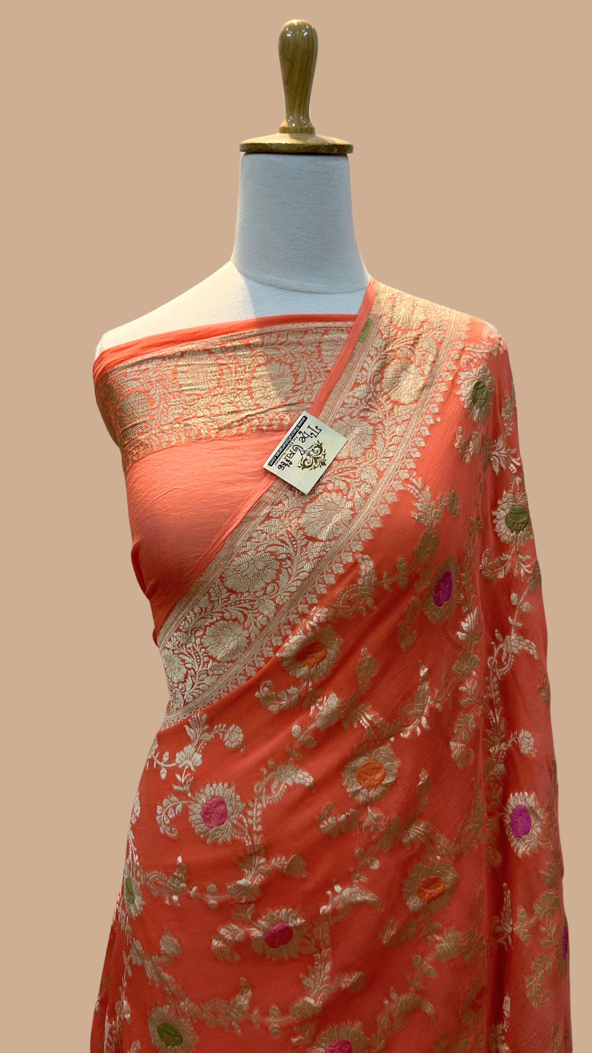 Khaddi Georgette Handloom Banarasi Saree - Jaal with Meenakari