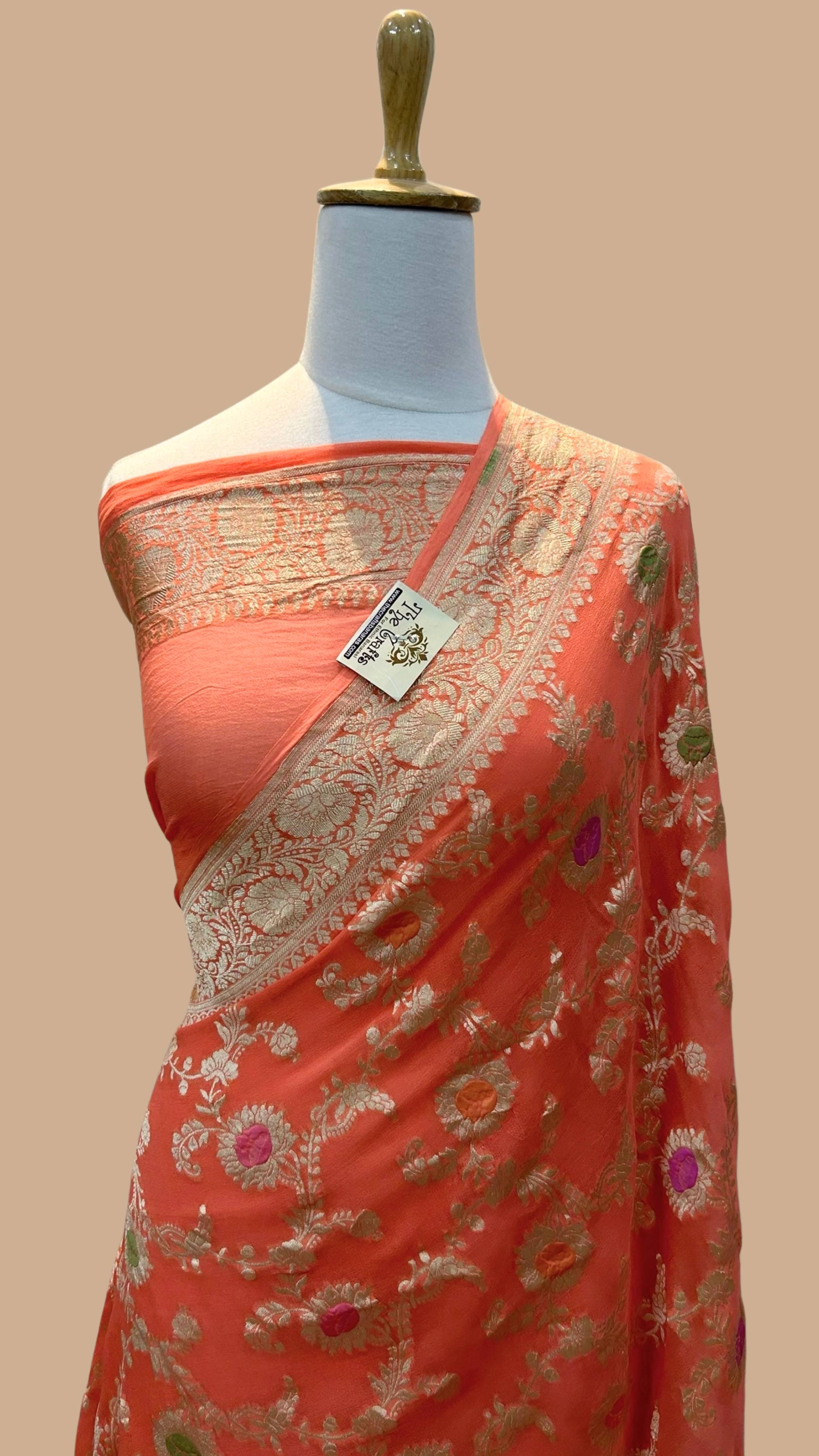 Khaddi Georgette Handloom Banarasi Saree - Jaal with Meenakari