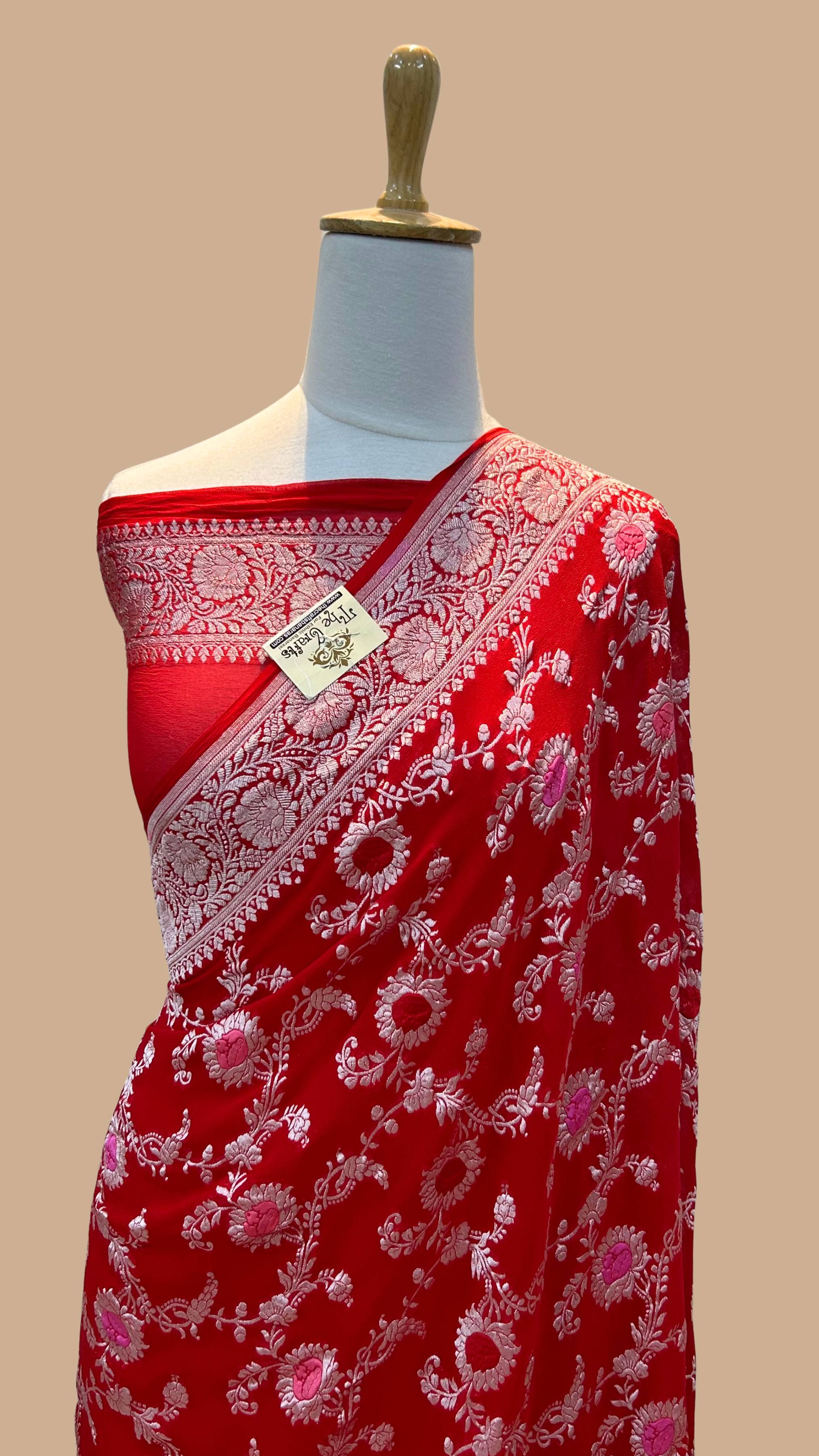 Khaddi Georgette Handloom Banarasi Saree - Jaal with Meenakari