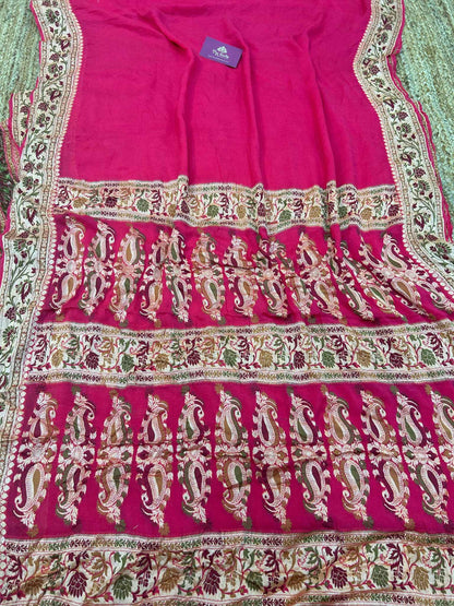 Hot Pink Pure Khaddi Chiffon Banarasi Saree