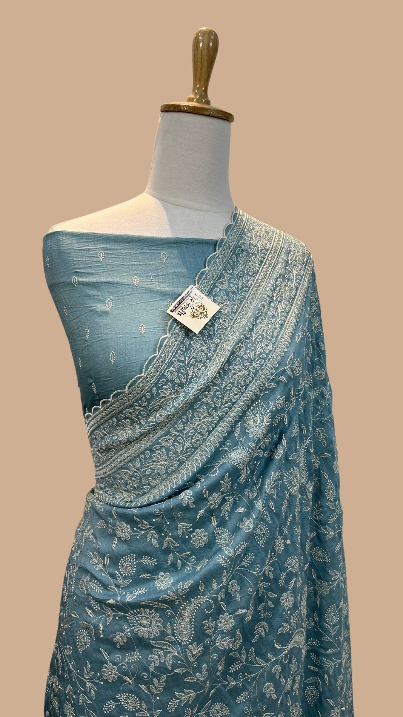 Pure Munga Silk Banarasi Saree - Chikankari all over