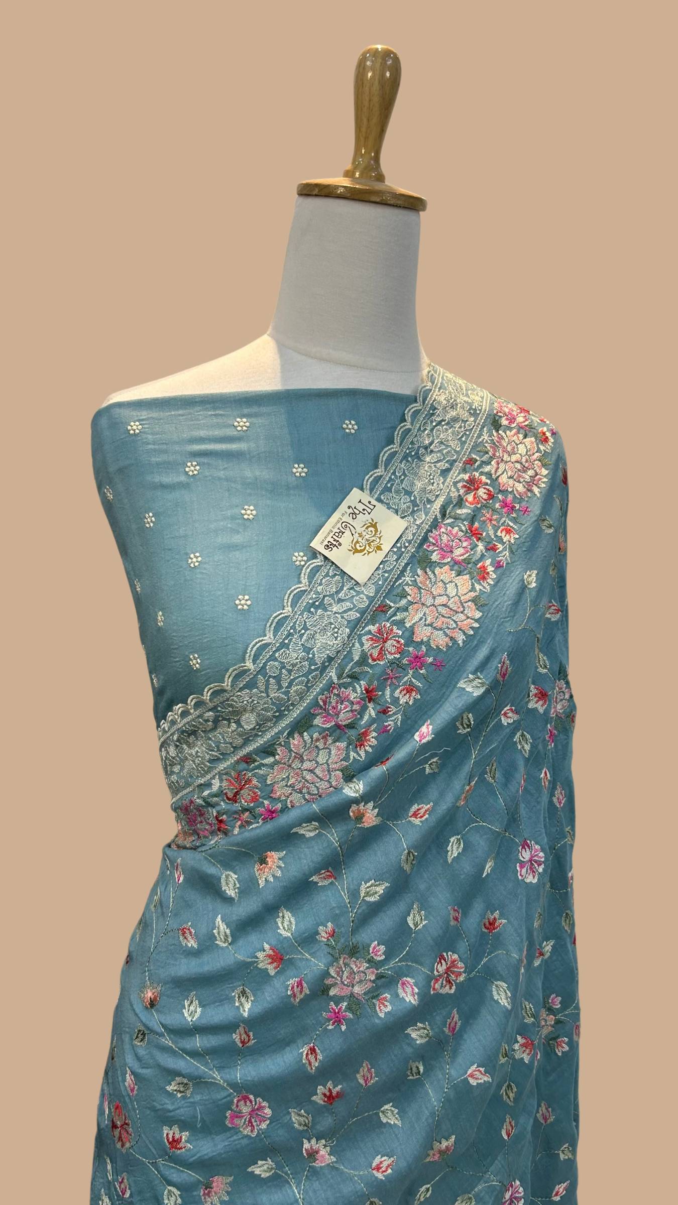 Pure Munga Silk Banarasi Saree - Chikankari all over