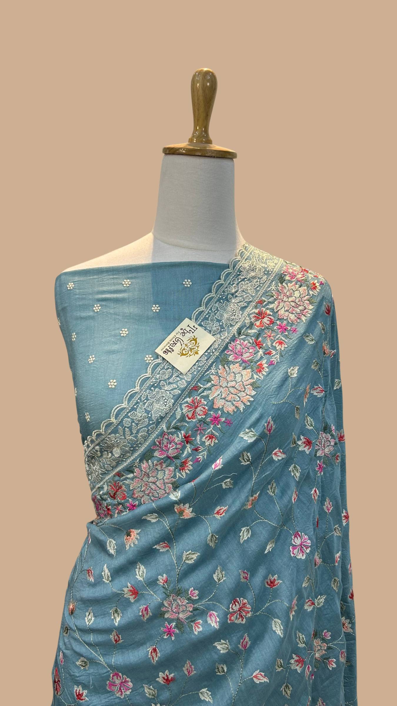 Pure Munga Silk Banarasi Saree - Chikankari all over