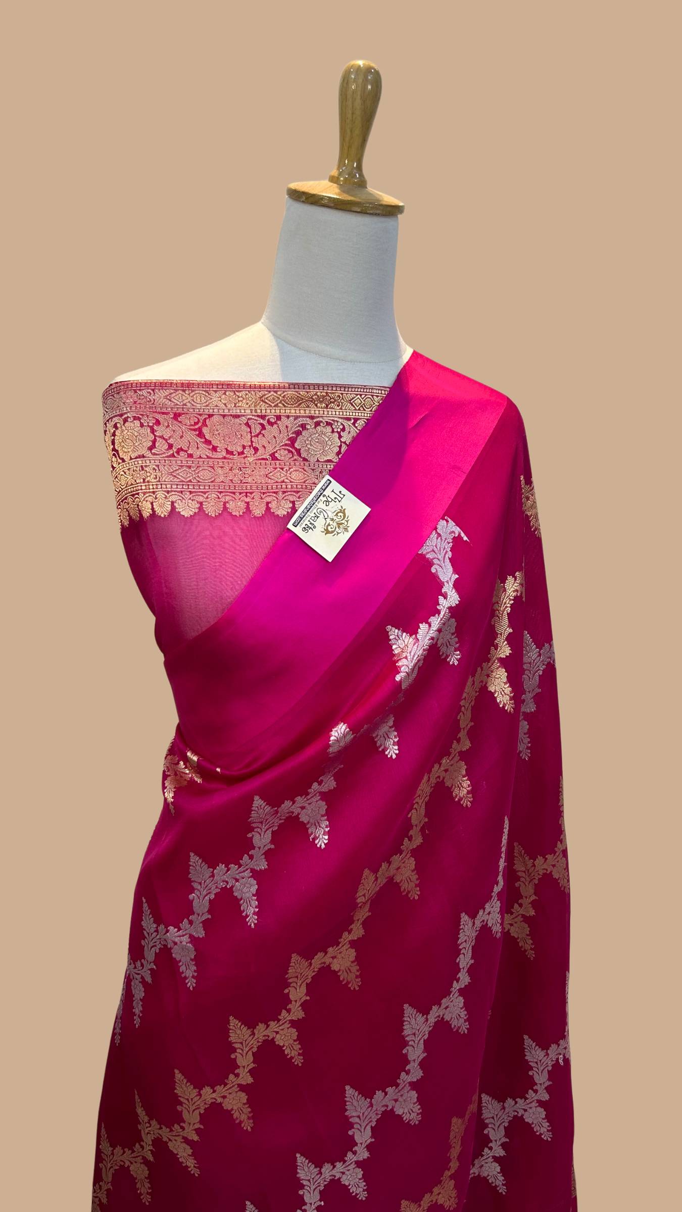 Hot Pink Pure Kora Silk Handloom Banarasi Saree - Kadiyal Stripes Jaal