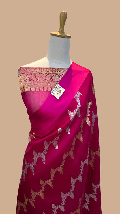 Hot Pink Pure Kora Silk Handloom Banarasi Saree - Kadiyal Stripes Jaal