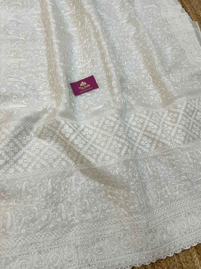 Pure Organza Silk Handloom Banarasi Saree - Chikankari all over