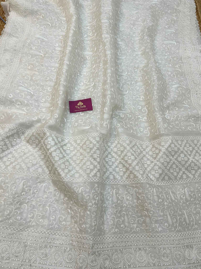 Pure Organza Silk Handloom Banarasi Saree - Chikankari all over