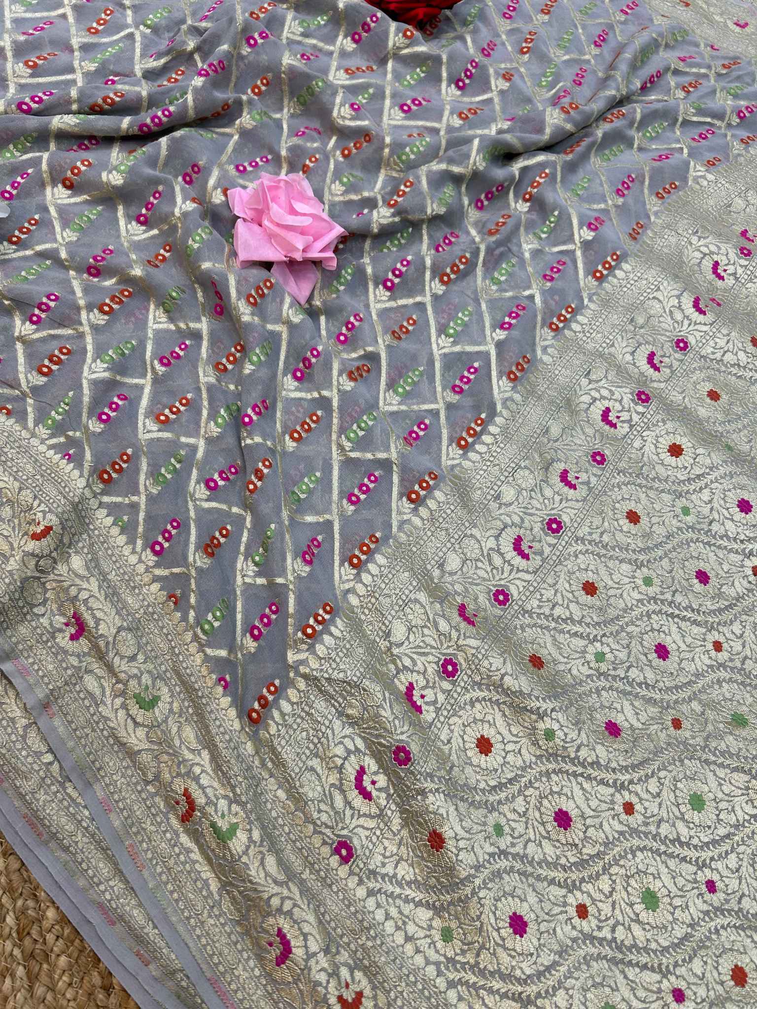 Khaddi Georgette Handloom Banarasi Saree - Jaal with Meenakari