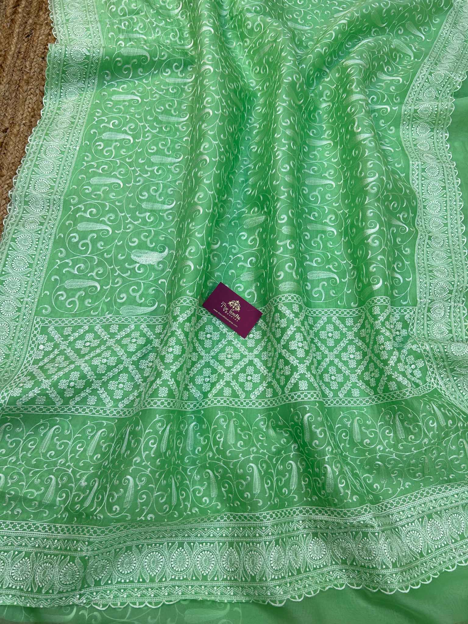 Pure Organza Silk Handloom Banarasi Saree - Chikankari all over