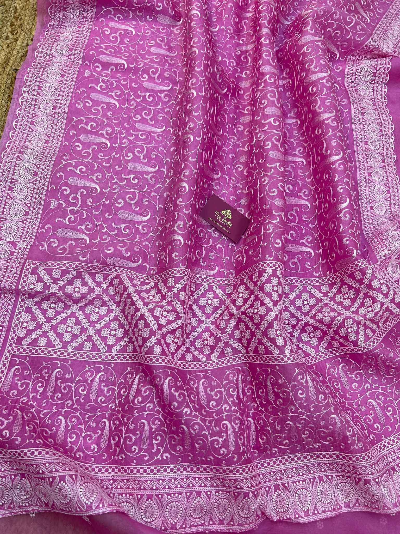 Pure Organza Silk Handloom Banarasi Saree - Chikankari all over