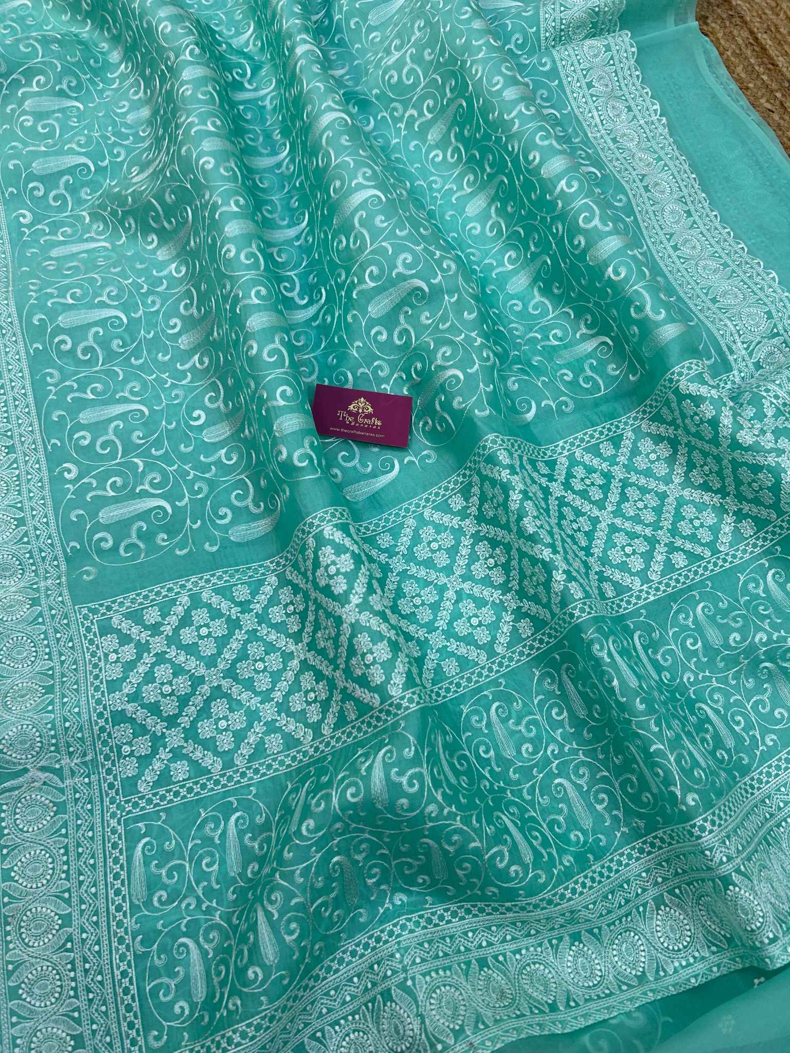 Pure Organza Silk Handloom Banarasi Saree - Chikankari all over