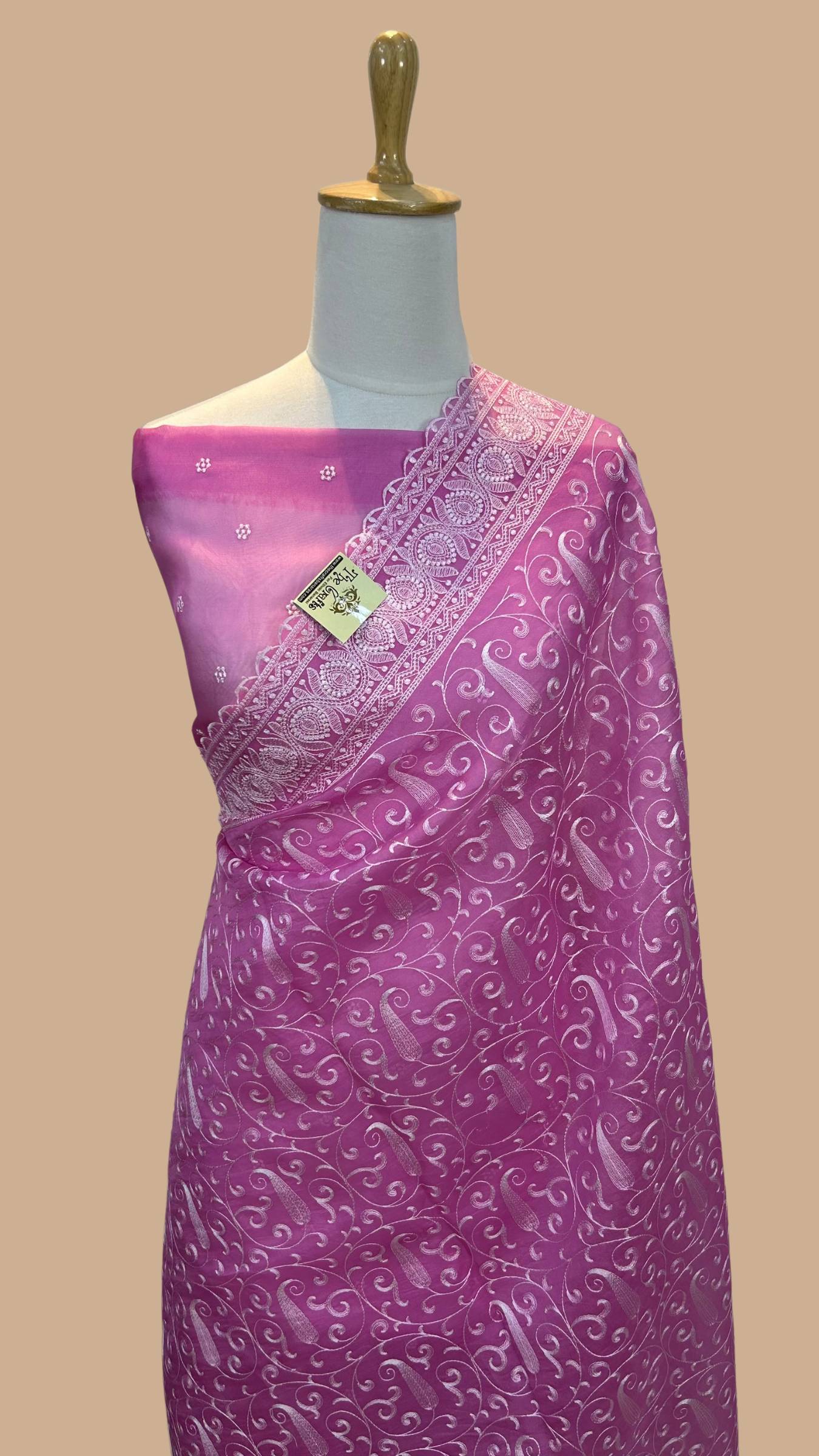 Pure Organza Silk Handloom Banarasi Saree - Chikankari all over