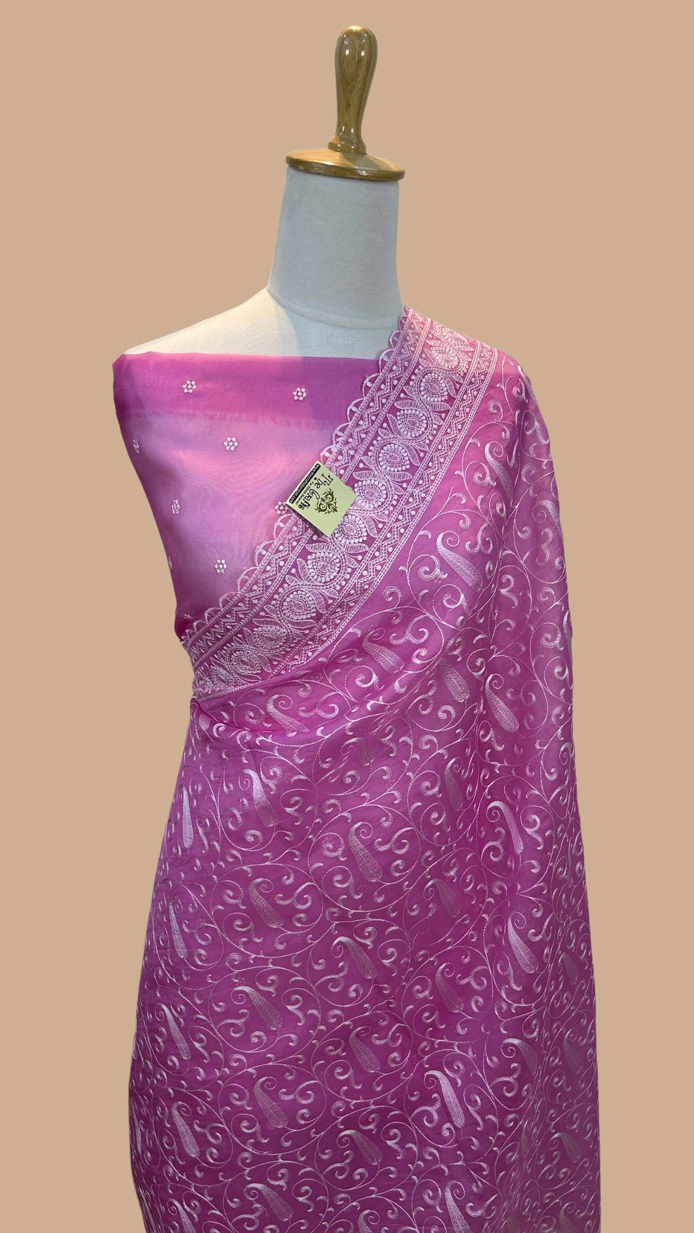 Pure Organza Silk Handloom Banarasi Saree - Chikankari all over