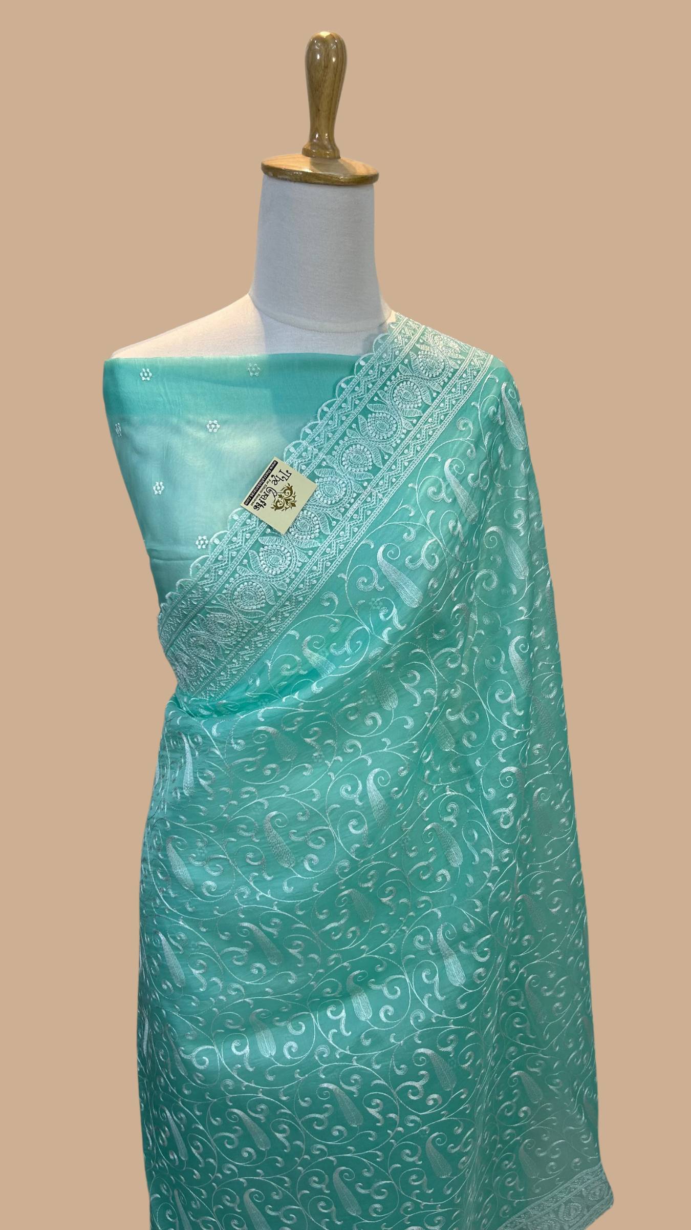 Pure Organza Silk Handloom Banarasi Saree - Chikankari all over