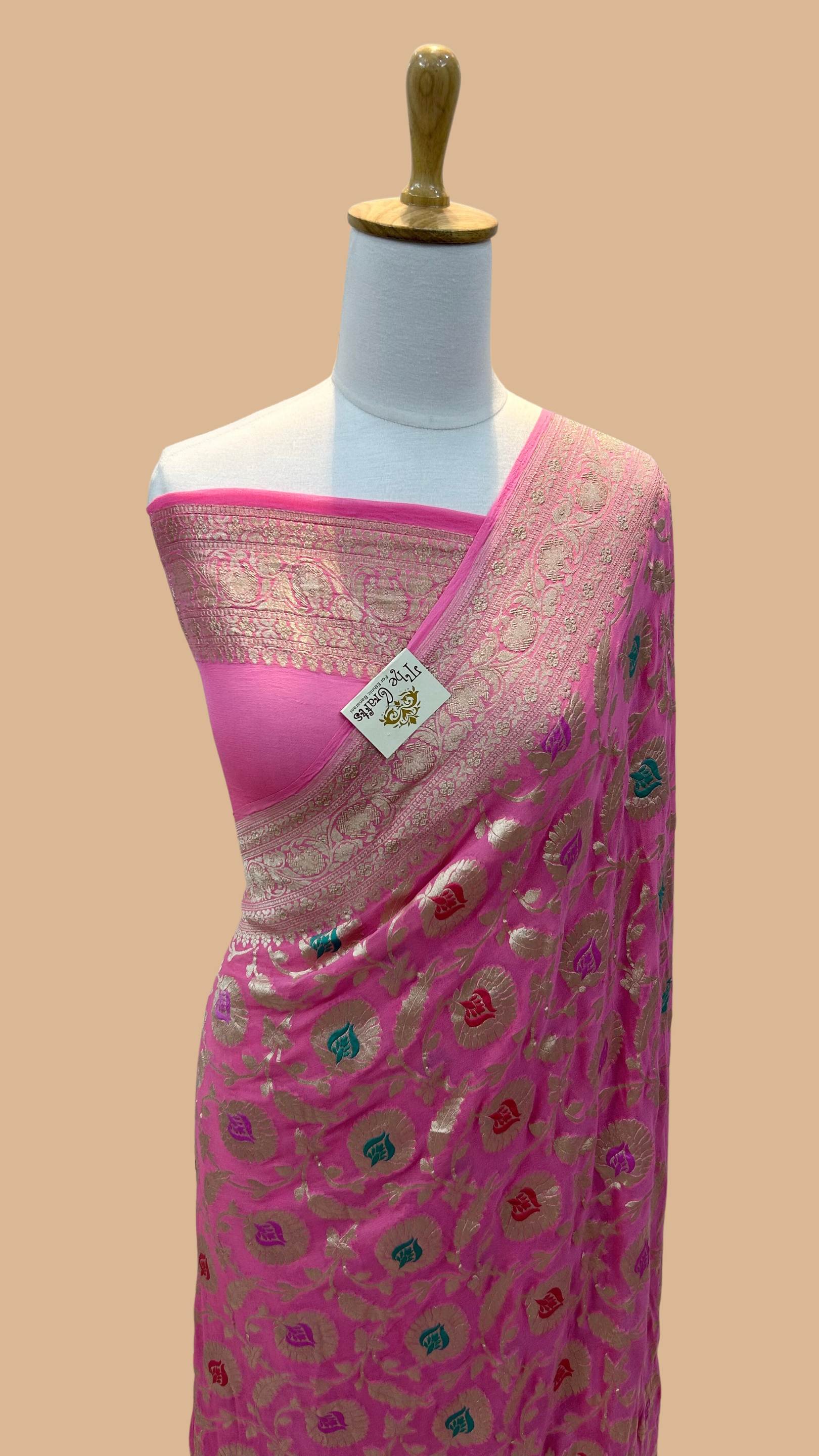 Khaddi Georgette Handloom Banarasi Saree - Jaal with Meenakari