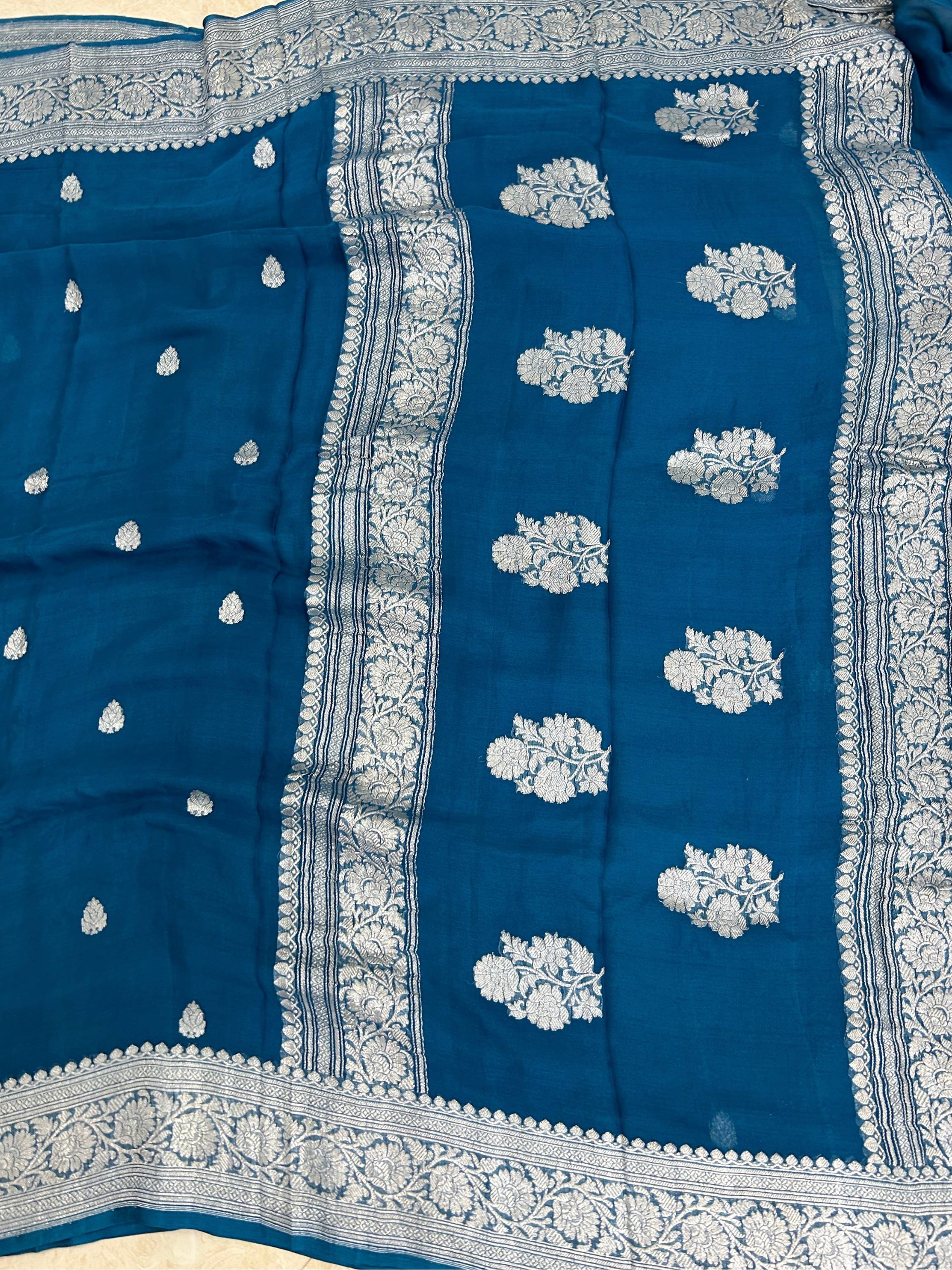 Pure Georgette Banarasi Saree - Silver Zari