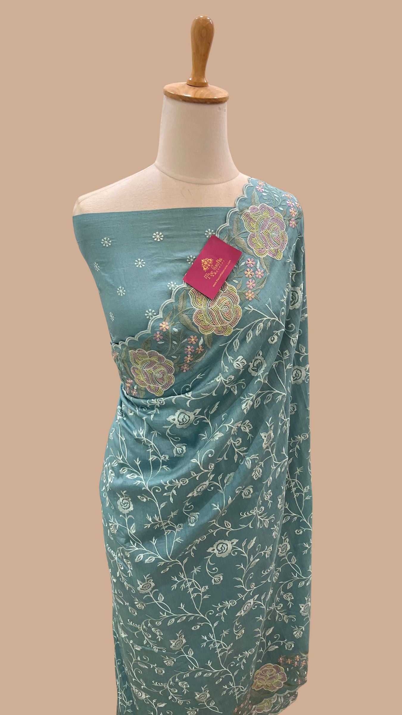 Pure Munga Silk Banarasi Saree - Chikankari all over