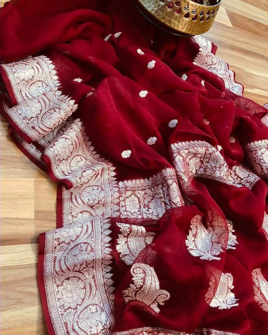 Red Pure Georgette Banarasi Saree - Silver Zari - The Crafts Clothing