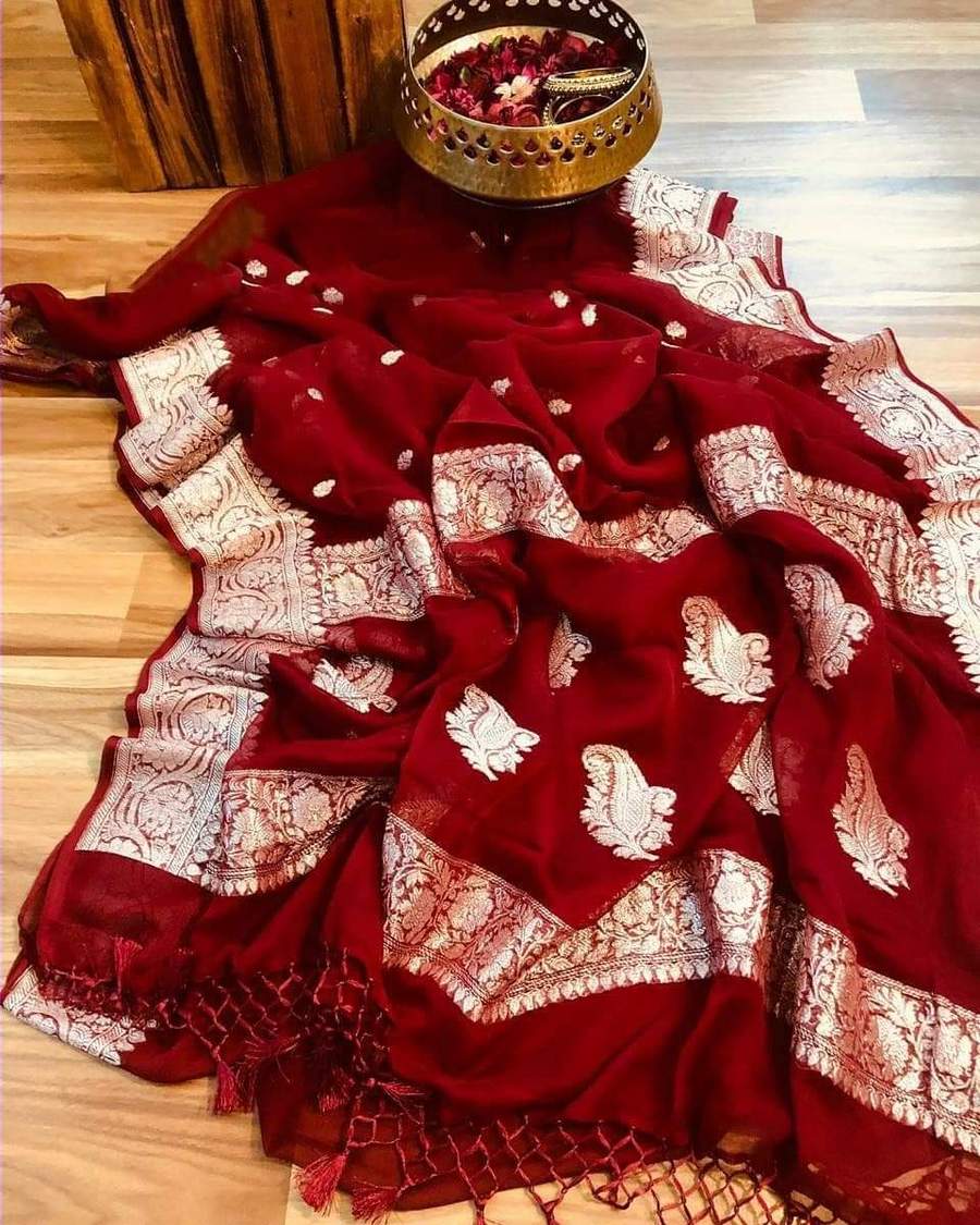 Red Pure Georgette Banarasi Saree - Silver Zari - The Crafts Clothing