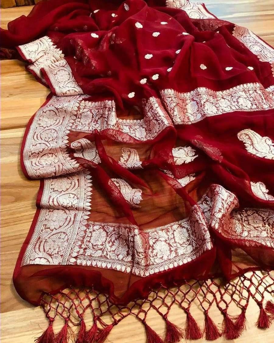 Red Pure Georgette Banarasi Saree - Silver Zari - The Crafts Clothing