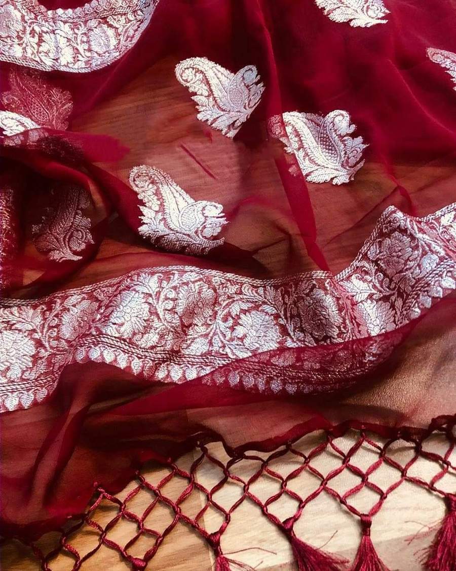 Red Pure Georgette Banarasi Saree - Silver Zari - The Crafts Clothing
