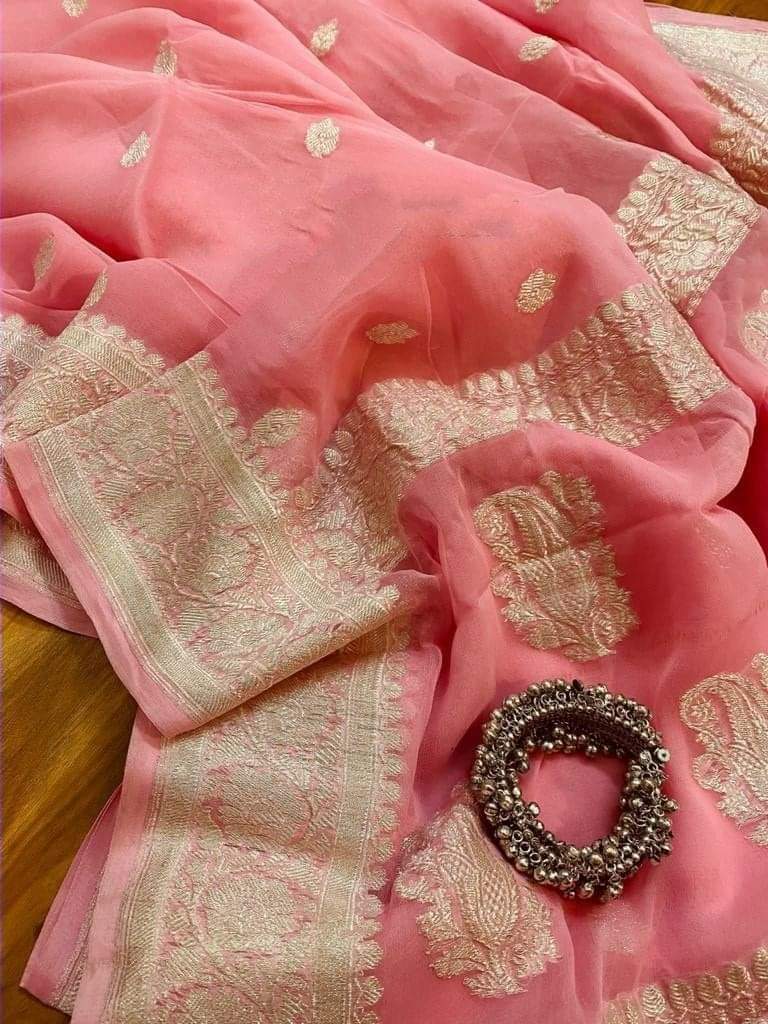 Pure Georgette Banarasi Saree - Silver Zari - The Crafts Clothing