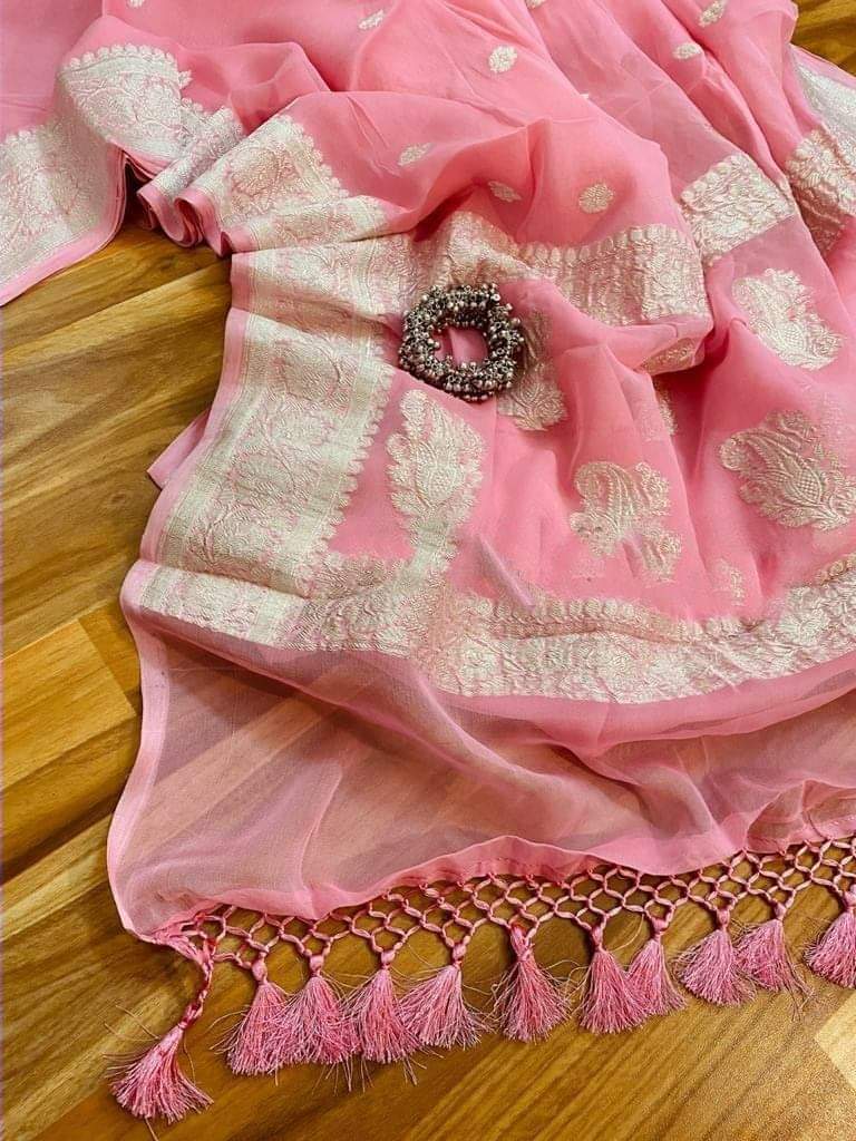 Pure Georgette Banarasi Saree - Silver Zari - The Crafts Clothing