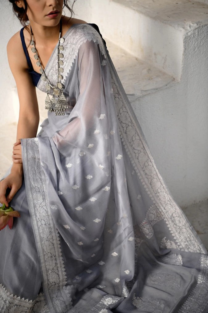 Pure Georgette Banarasi Saree - Silver Zari - The Crafts Clothing