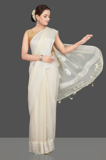 Pure Handloom Georgette Saree Banarasi - off white - The Crafts Clothing