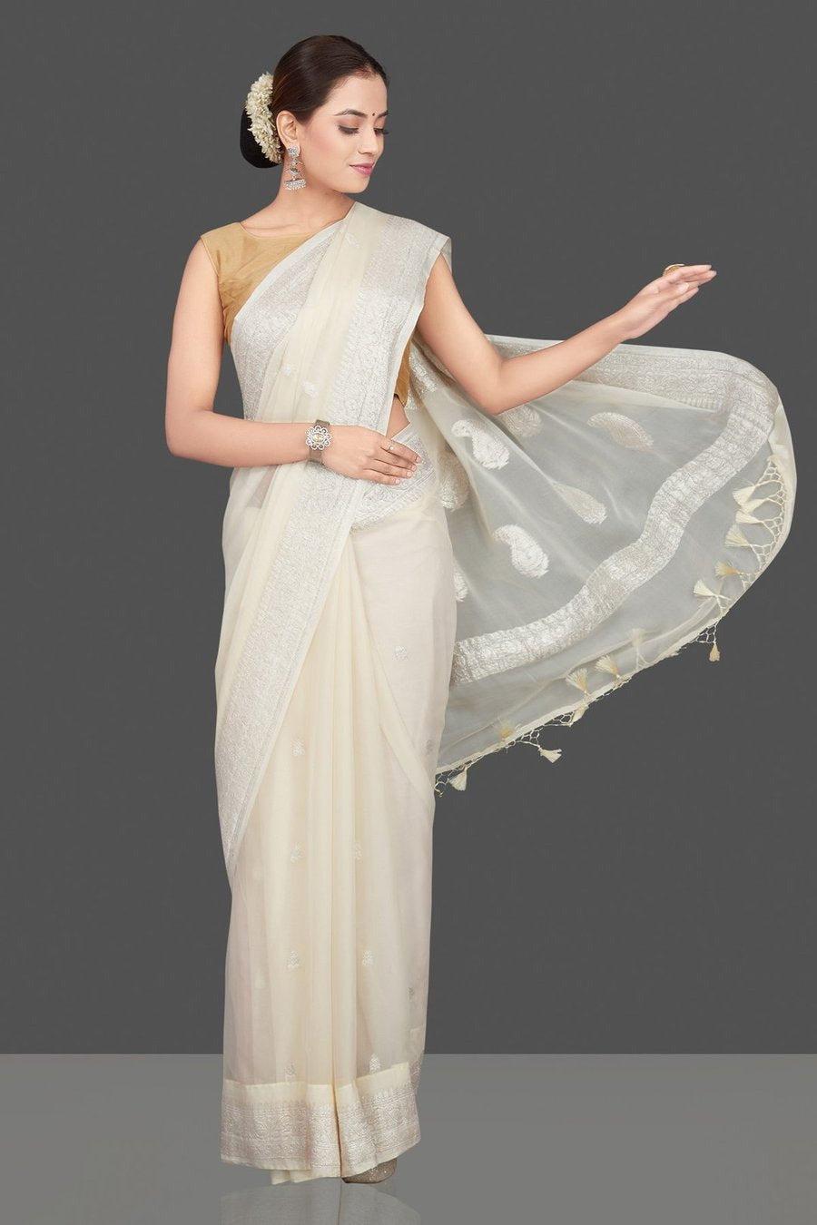 Pure Handloom Georgette Saree Banarasi - off white - The Crafts Clothing