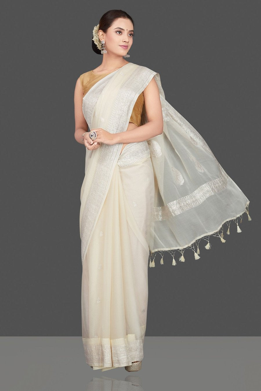 Pure Handloom Georgette Saree Banarasi - off white - The Crafts Clothing