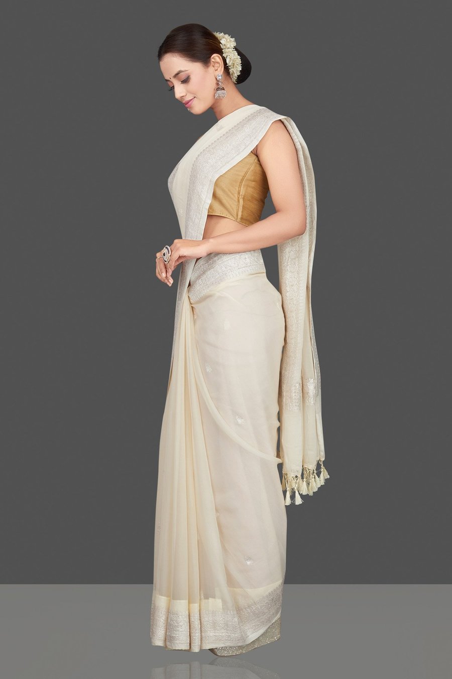 Pure Handloom Georgette Saree Banarasi - off white - The Crafts Clothing