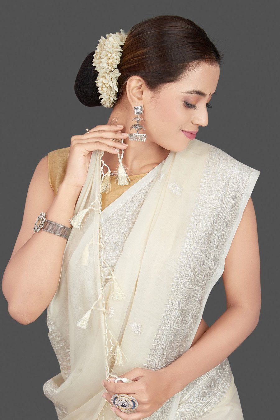 Pure Handloom Georgette Saree Banarasi - off white - The Crafts Clothing