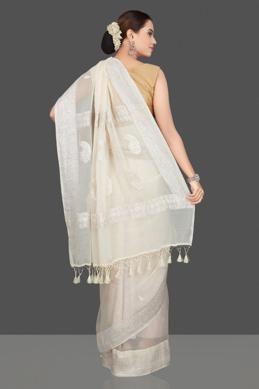 Pure Handloom Georgette Saree Banarasi - off white - The Crafts Clothing