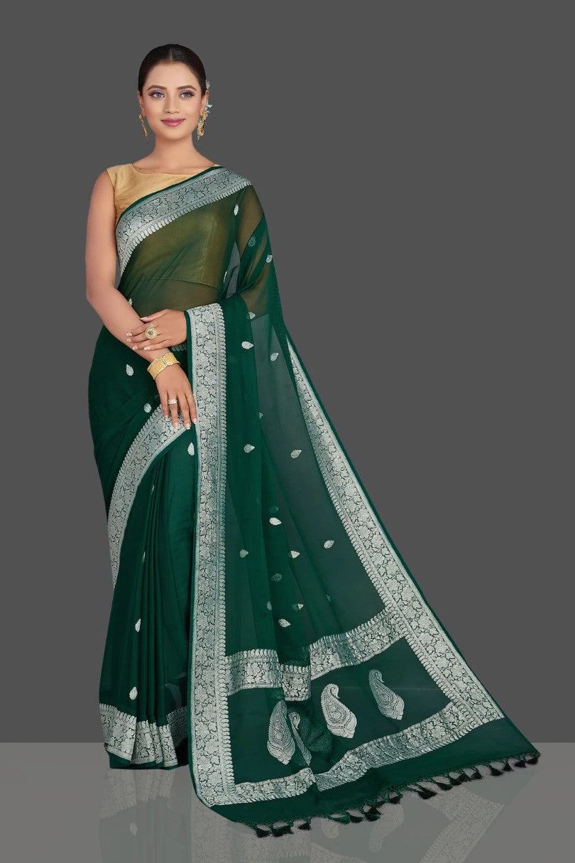 Pure Georgette Handloom Banarasi Saree - Silver Zari - The Crafts Clothing