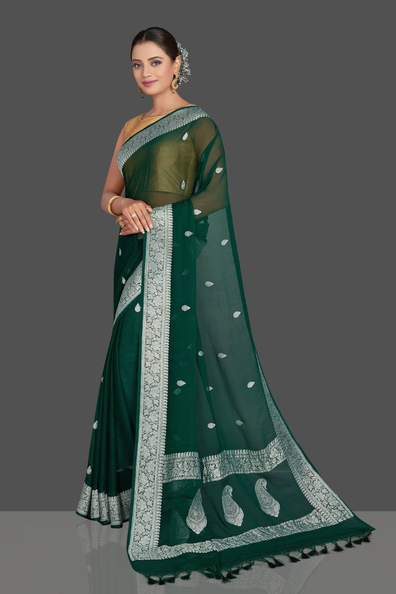Pure Georgette Handloom Banarasi Saree - Silver Zari - The Crafts Clothing