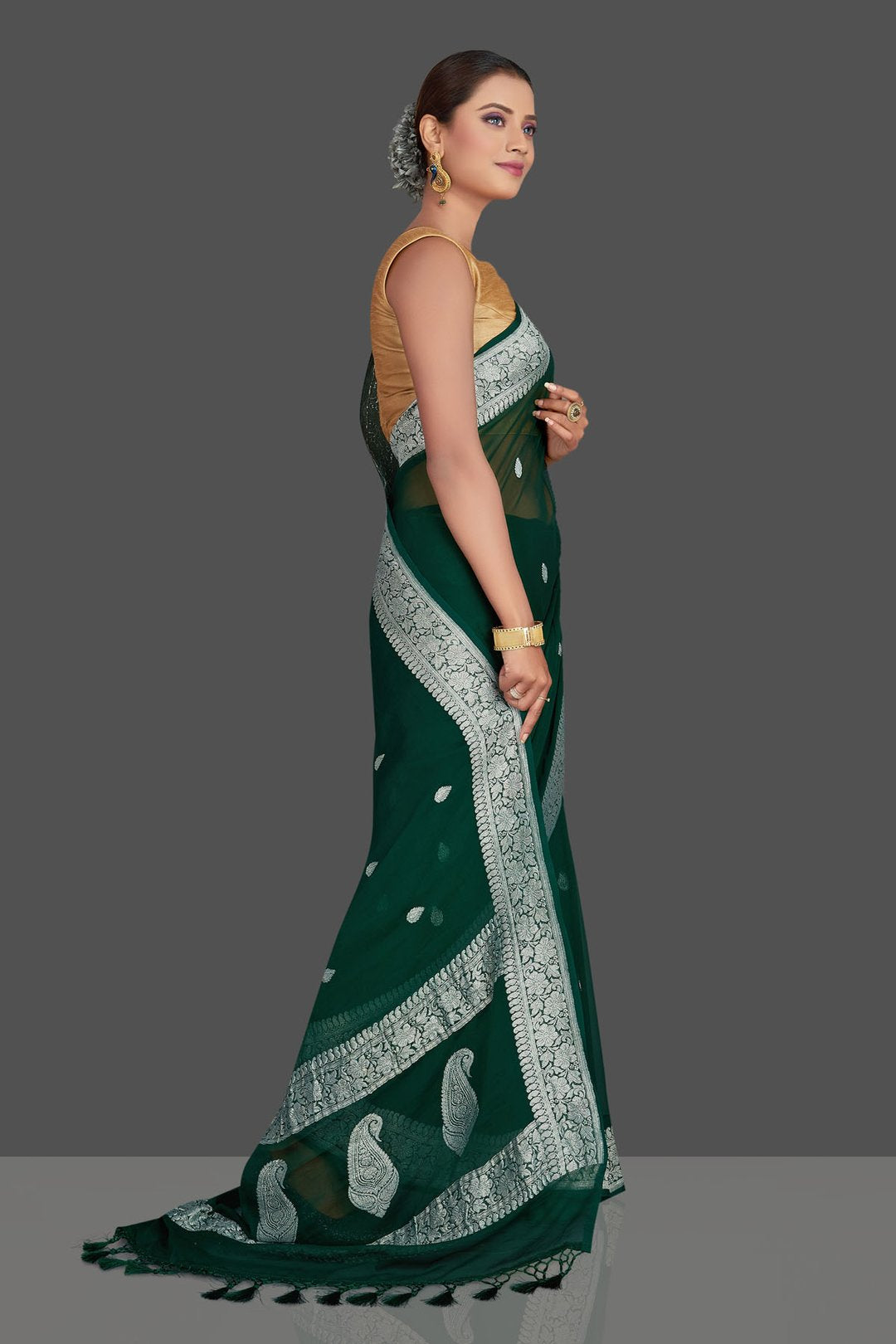 Pure Georgette Handloom Banarasi Saree - Silver Zari - The Crafts Clothing