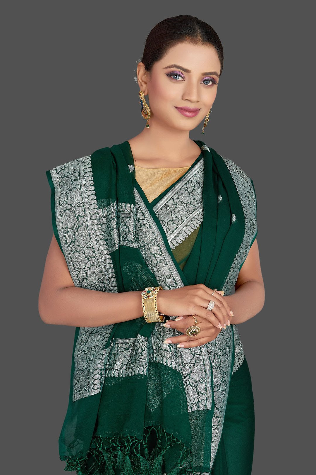 Pure Georgette Handloom Banarasi Saree - Silver Zari - The Crafts Clothing