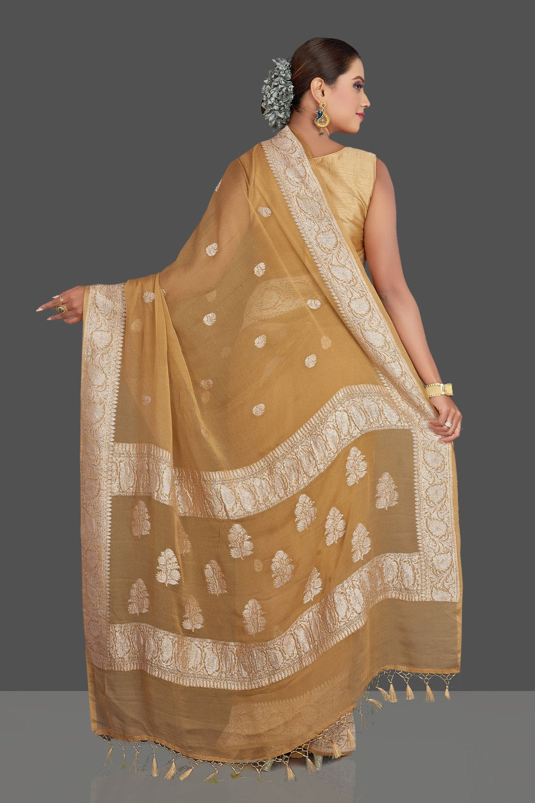 Pure Georgette Handloom Banarasi Saree - Silver Zari - The Crafts Clothing
