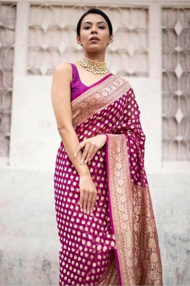 Khaddi Georgette Banarasi Saree - Gold Zari - The Crafts Clothing