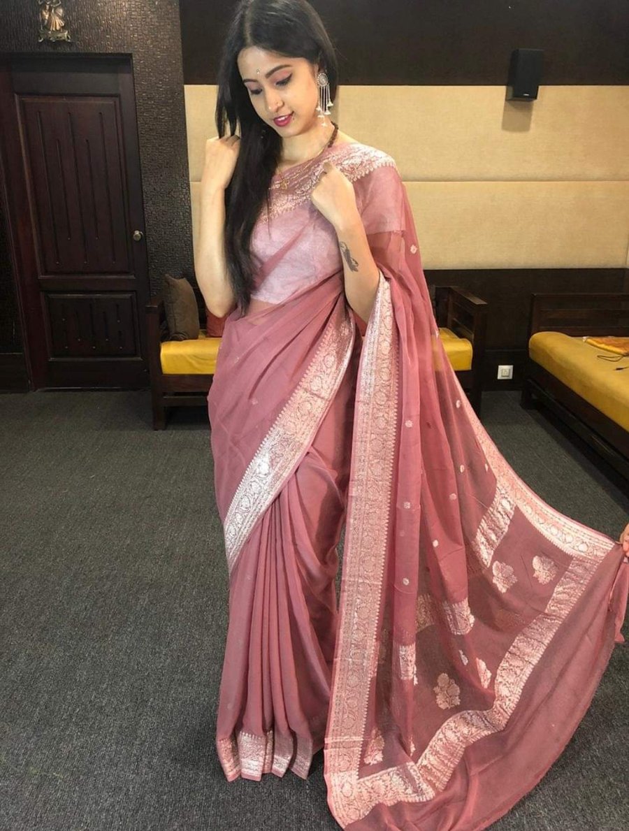 Pure Handloom Georgette Banarasi Saree - Silver Zari - The Crafts Clothing
