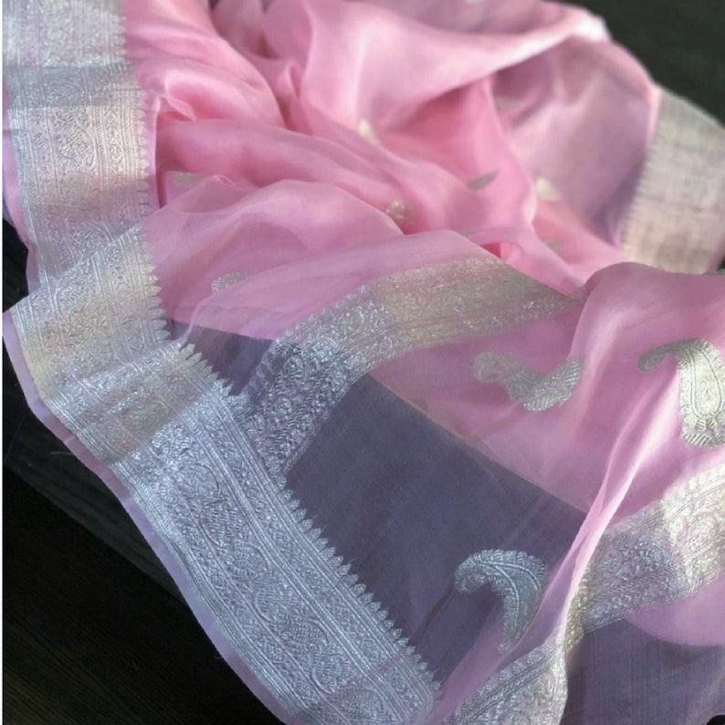 Pure Handloom Georgette Banarasi Saree - Baby Pink - The Crafts Clothing