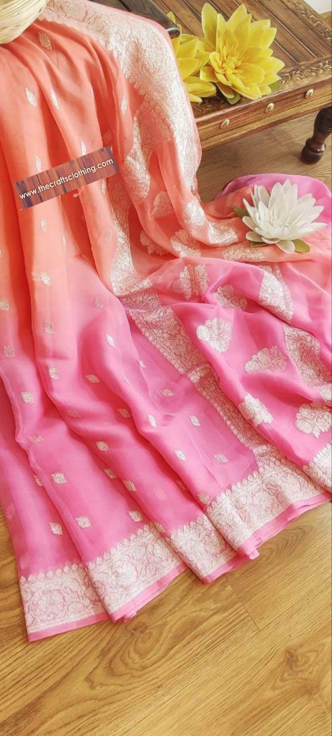 Pure Georgette Banarasi Handloom Saree - Silver Zari - The Crafts Clothing