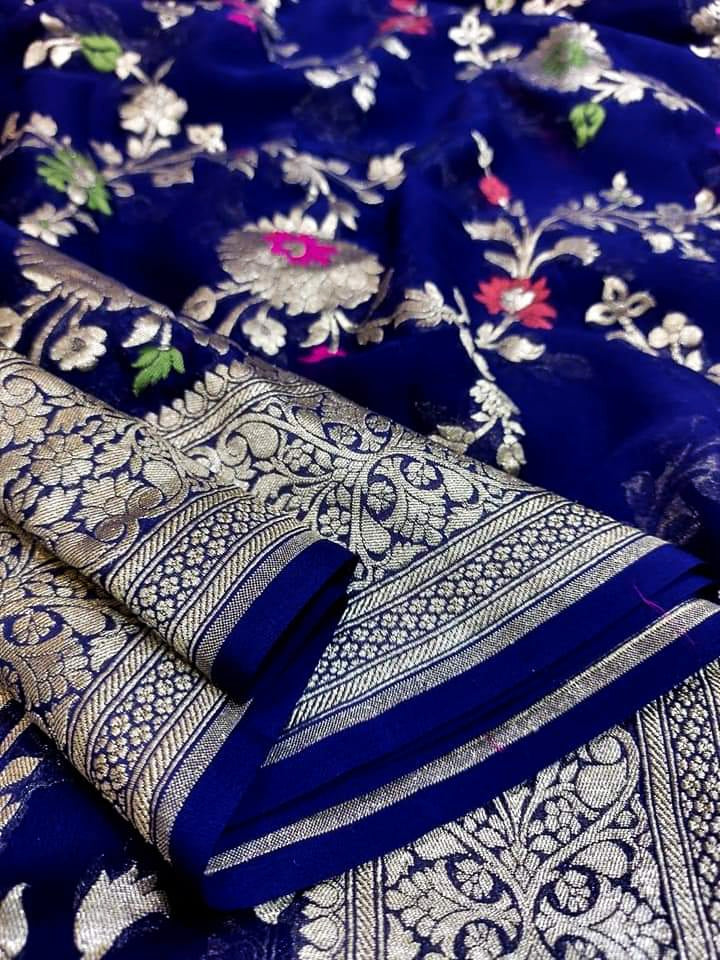 Khaddi Georgette Handloom Banarasi Saree - Jaal with Meenakari - The Crafts Clothing