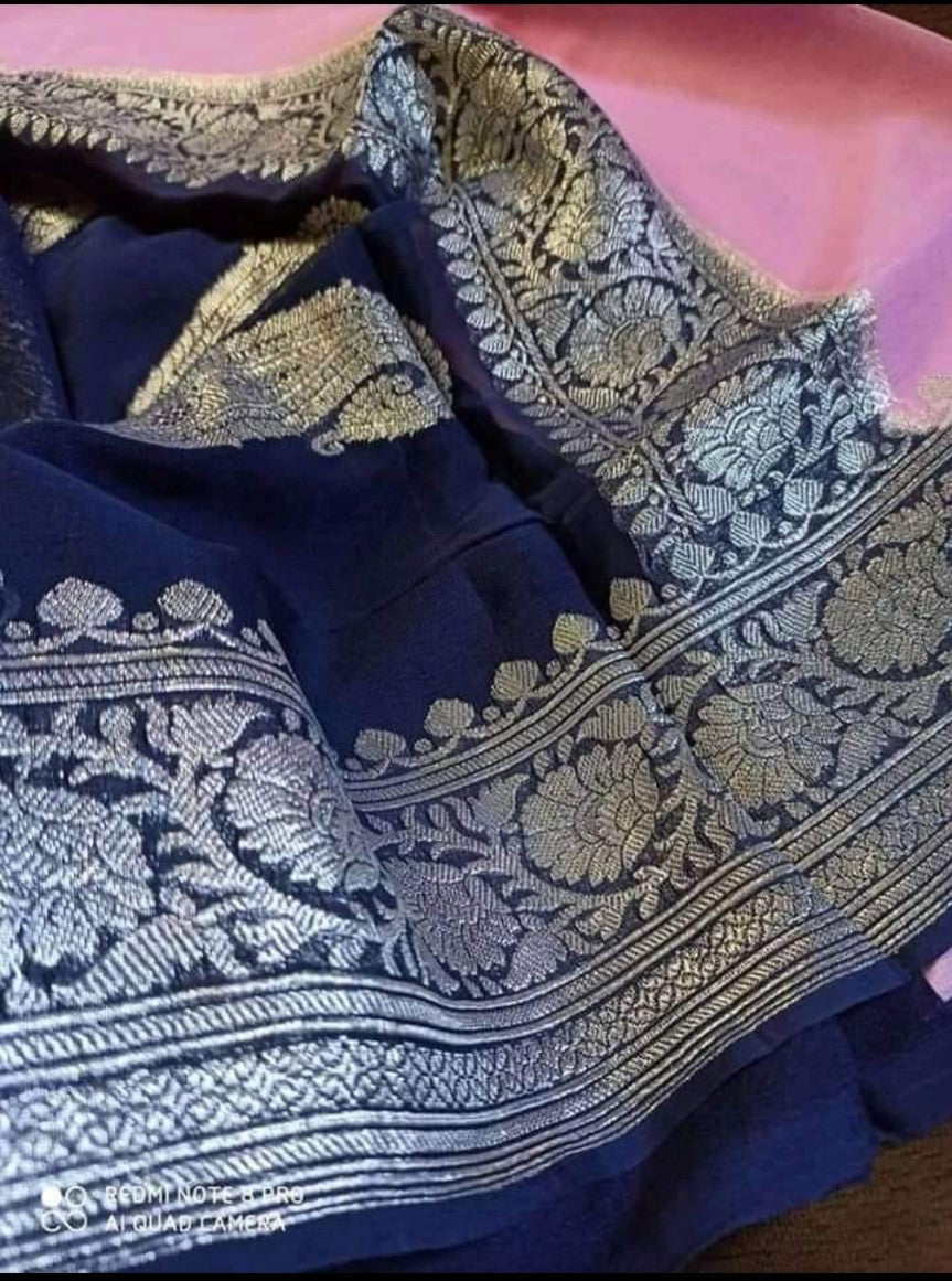 Pure Georgette Banarasi Handloom Saree - Silver Zari - The Crafts Clothing