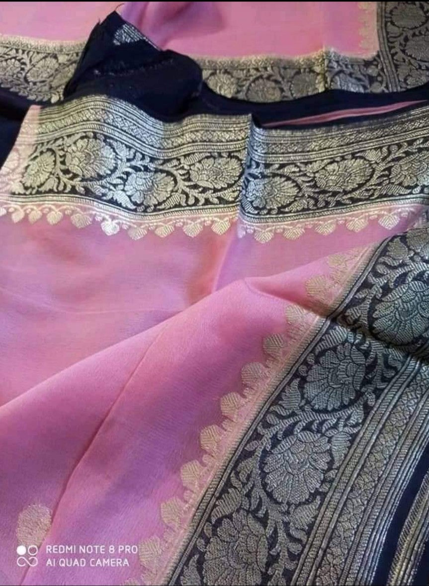 Pure Georgette Banarasi Handloom Saree - Silver Zari - The Crafts Clothing