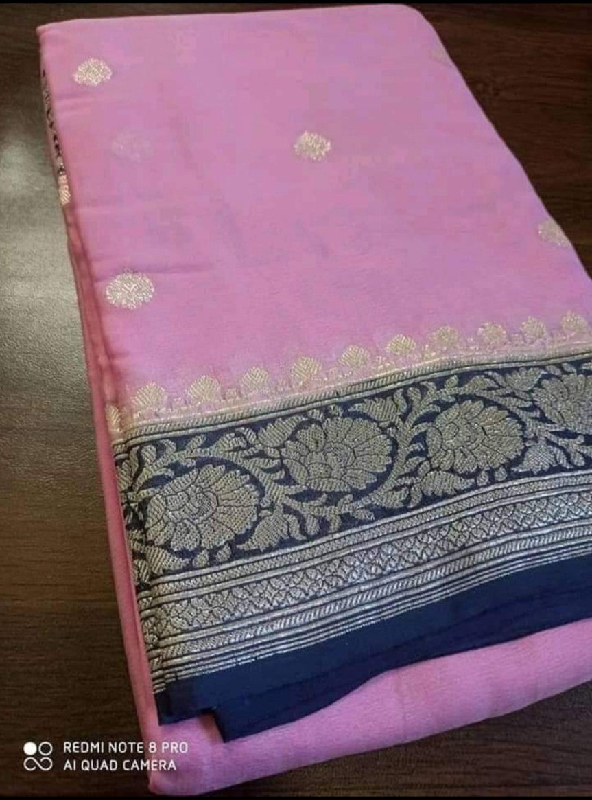 Pure Georgette Banarasi Handloom Saree - Silver Zari - The Crafts Clothing
