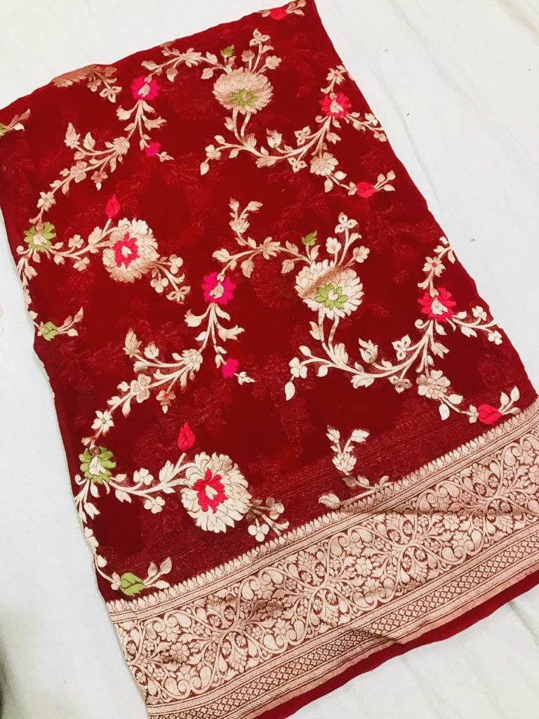 Khaddi Georgette Handloom Banarasi Saree - Jaal with Meenakari - The Crafts Clothing