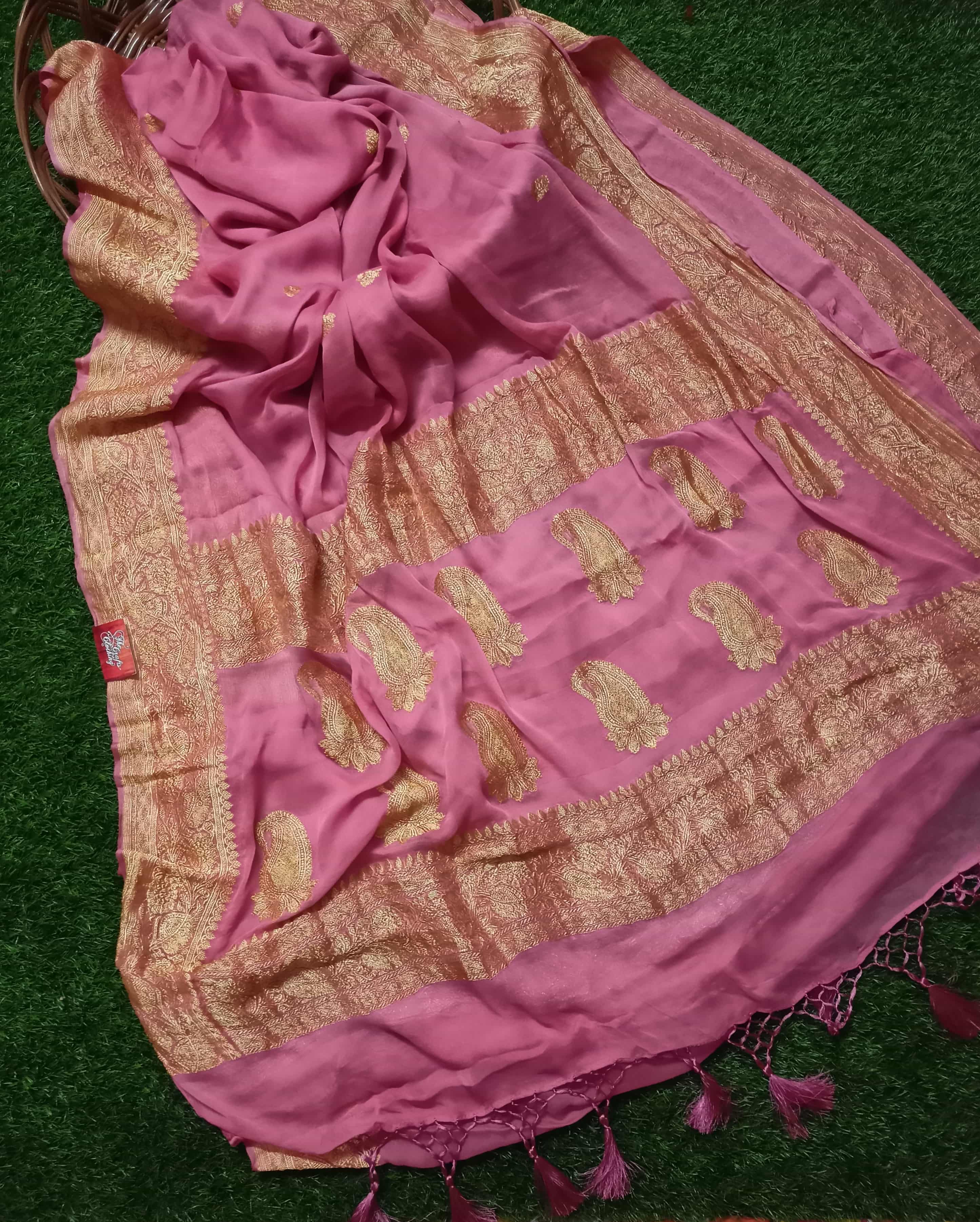 Pure Georgette Handloom Banarasi Saree - Gold Zari - The Crafts Clothing